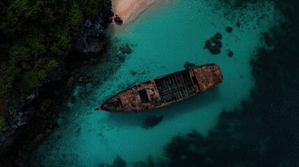 A rusted shipwreck resting amidst beautiful turquoise blue water