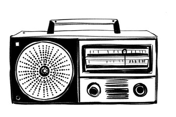 vintage radio cassette player black and white line drawing, hand drawn illustration on transparent background.