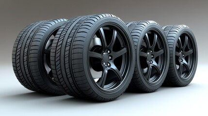 Four tires, new and black, are aligned against a neutral background, showing textured treads