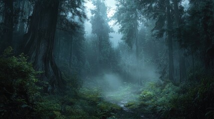 Obraz premium Misty, shadowy forest path, mysterious and tranquil.