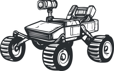 Black and white illustration of a space rover with large wheels designed for planetary exploration