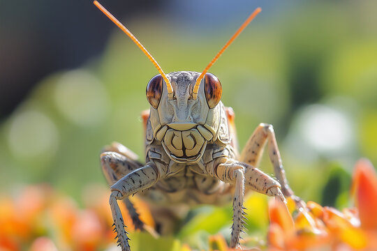 macro close-up of grasshopper staring directly into camera with vibrant orange antennae and floral foreground