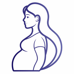 A blue-lined illustration depicts a pregnant woman in profile with long, flowing hair.