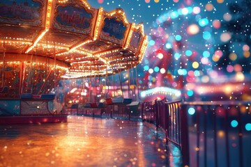 Colorful and vibrant carnival lights illuminate empty swings at night, creating a magical atmosphere filled with nostalgia and excitement at the amusement park