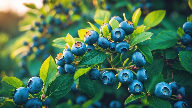 Blueberry bush laden with ripe fruits on the farm.