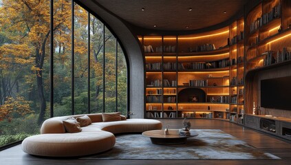 Stylish library room facing autumn nature