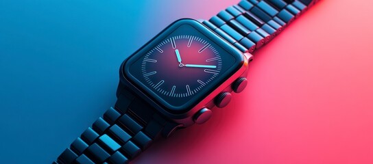 Stylish metal watch on a vibrant backdrop