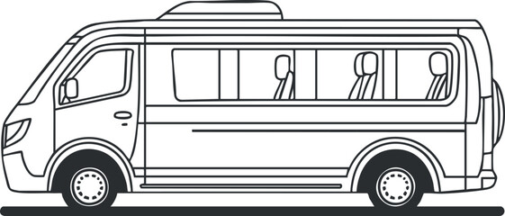 Black and white line drawing of a passenger minibus showing side view with seats and windows for transportation and travel.