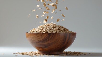 Raw oats falling into a wooden bowl