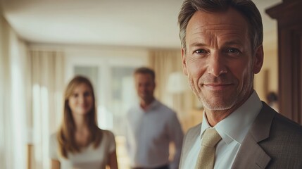 Obraz premium Mid-age man smiles warmly at camera, family in background.