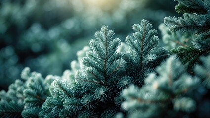 Border of fir branches in nature captured in close-up with soft focus and sunlight