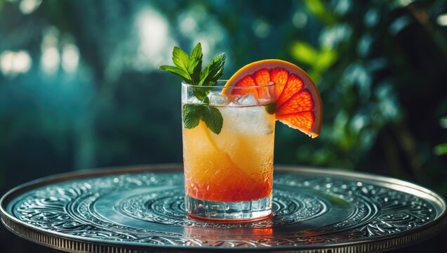 Cold citrus cocktail featuring grapefruit, lemon, and mint in a glass at a cafe