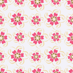Trendy floral seamless pattern. Simple red and beige daisy. Spring flower template for packaging, postcards, textile printing, wallpaper. Hand drawn illustration isolated on white background