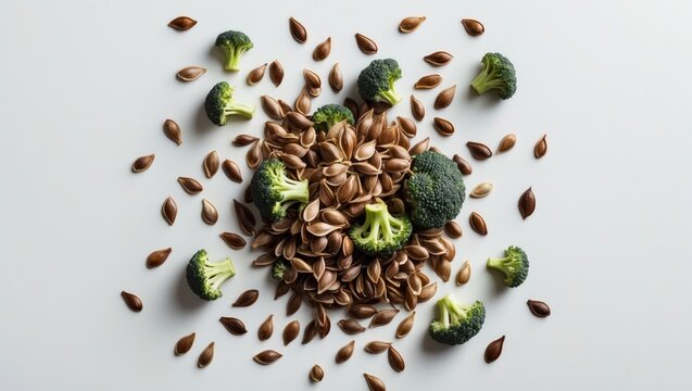 Green Broccoli Seeds in Detail Against White Background for Nutritional and Organic Food