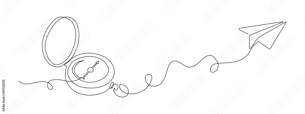 Poster Traveller compass and paper plane in one continuous line drawing. Map guide and new adventure symbol in simple linear style. Business strategy concept in editable stroke. Doodle vector illustration