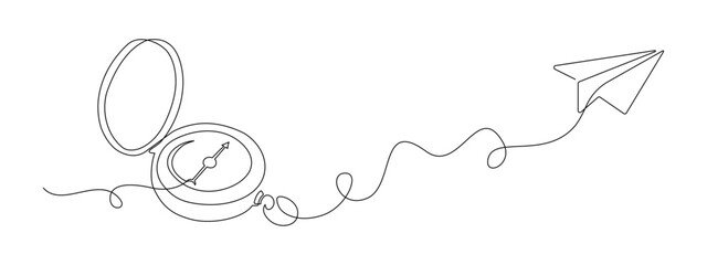 Traveller compass and paper plane in one continuous line drawing. Map guide and new adventure symbol in simple linear style. Business strategy concept in editable stroke. Doodle vector illustration