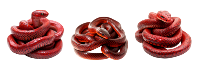 A coiled red snake with intricate textures and vibrant scales, isolated on white background, reptiles or wildlife