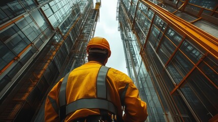 Fototapeta premium Construction worker looking up at towering skyscrapers.