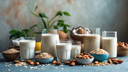 Selection of non-dairy vegan milk alternatives and ingredients on a background for natural healthy drinks concept