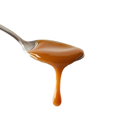 Delicious Caramel Sauce Dripping from a Spoon against a transparent background
