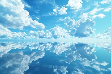 Vast blue sky reflects on tranquil ocean waters during a serene day with fluffy clouds and gentle waves near the horizon at midday