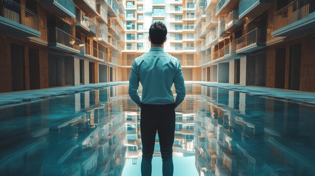 Man contemplates the architecture within a modern pool.