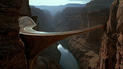 A modern cantilever bridge spans a vast canyon over a river