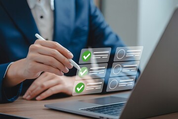A business professional is using an online form on their laptop to complete and Evaluate the virtual checklist with green Checks, representing quality control for a cloud-based CRM system