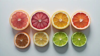 Assorted citrus fruit slices, vibrant and juicy, top-down view