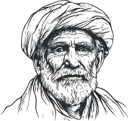 Black and white sketch of an elderly man with a beard wearing a traditional turban and cloak