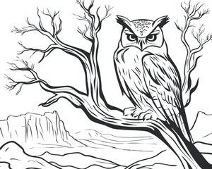 Black and white illustration of an owl perched on a bare tree branch overlooking a mountainous landscape.