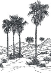 Black and white sketch of a desert landscape with palm trees and sand dunes in the background