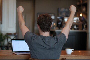 Freelancer Celebrating Hustle Milestone with Laptop Coffee
