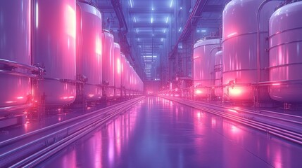 Futuristic industrial facility with glowing tanks, reflecting lights, and a high-tech atmosphere