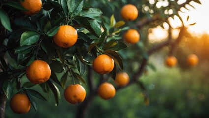 Harvest time for citrus fruits on orange tree branches during sunset, a glimpse into farm life