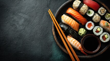 A 4K photo of sushi on a dark background in an asian restaurant, copyspace.