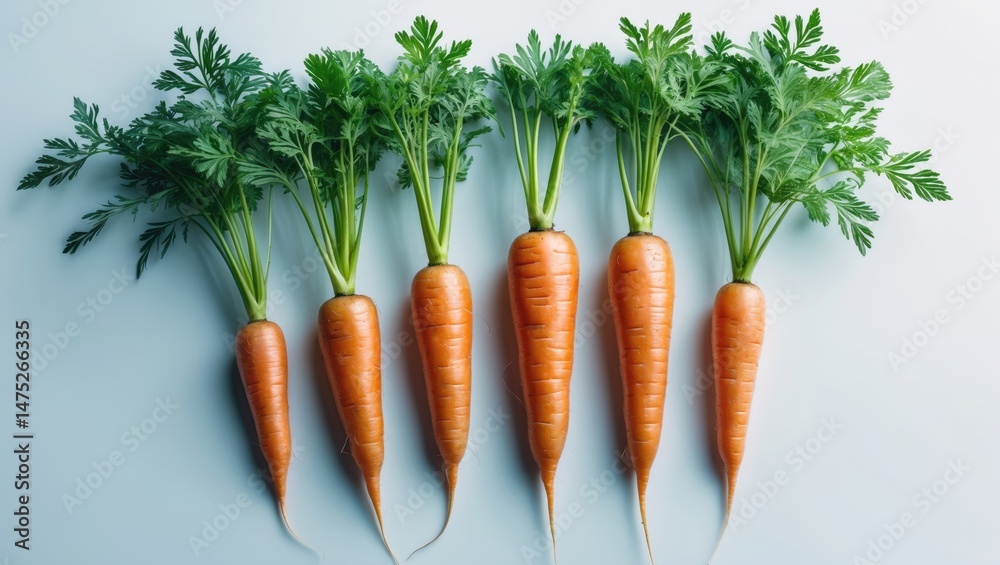 Poster multiple fresh ripe carrots displayed against a white backdrop