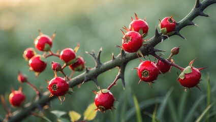 Botanical close-up of thorny shrub with bright red rose hips on a spring backdrop