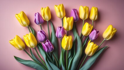 Fototapeta premium Beautiful yellow and purple tulips on a background showcasing garden floral decor