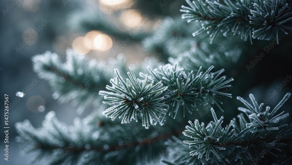 Poster frosty pine tree limbs set against a dark natural winter background, close-up of coniferous needles 