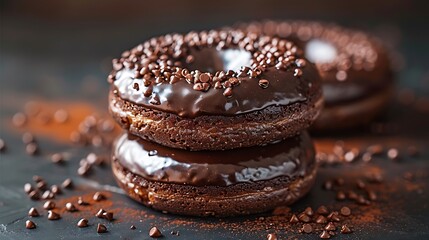 Delicious Chocolate Donuts Sprinkled with Chocolate Chips atop Dark Surface