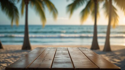 Seaside tropical landscape with wooden table in foreground - ready for product presentation
