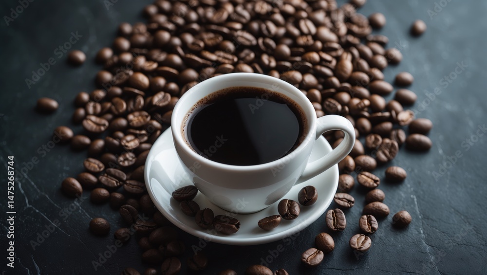 Poster dark coffee in a white cup with coffee beans and texture background for breakfast menu