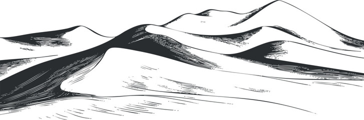 Black and white sketch of desert sand dunes landscape with natural arid hills and textured surfaces © vadymstock