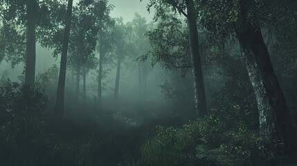 Fototapeta premium Misty, shadowy forest scene of dense trees.