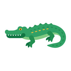 Flat green cartoon alligator isolated on black background