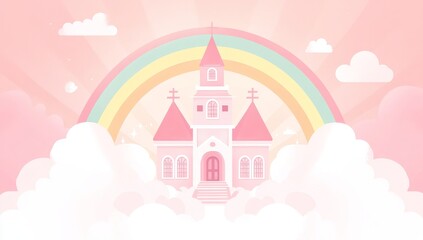 In the sky, a modern and fabulous castle made entirely of pink and magic floats on clouds, with a tower that stretches from the land to the sky, and a beautiful fairy palace that flies through the