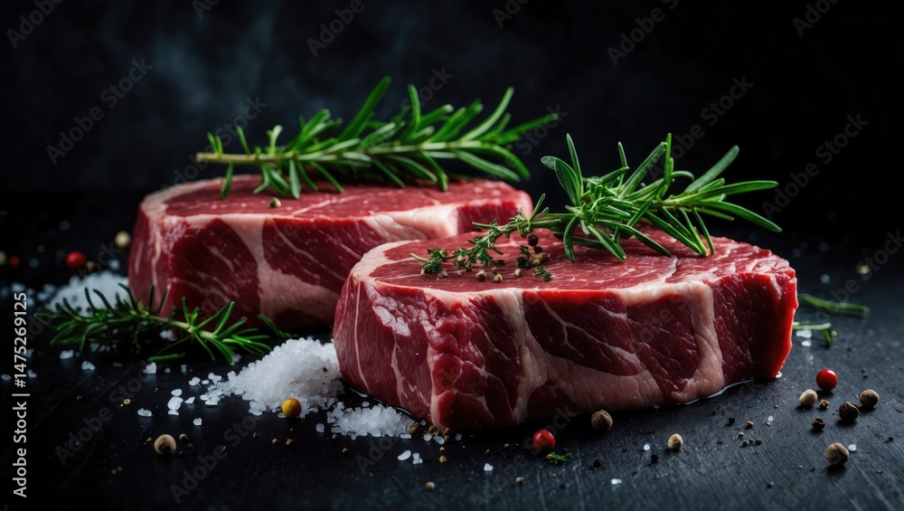 Aufkleber Beef fillet steaks with herbs and spices displayed on a dark background
