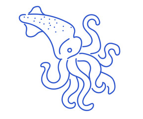 Blue Hand Drawn Squid Illustration, Coastal Line Art Design