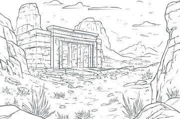 Black and white line drawing of an ancient temple ruin in a rocky desert landscape with mountains in the background